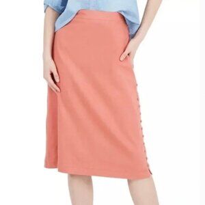 MADEWELL button slit linen blend midi skirt in Sweet Dahlia coral pink
